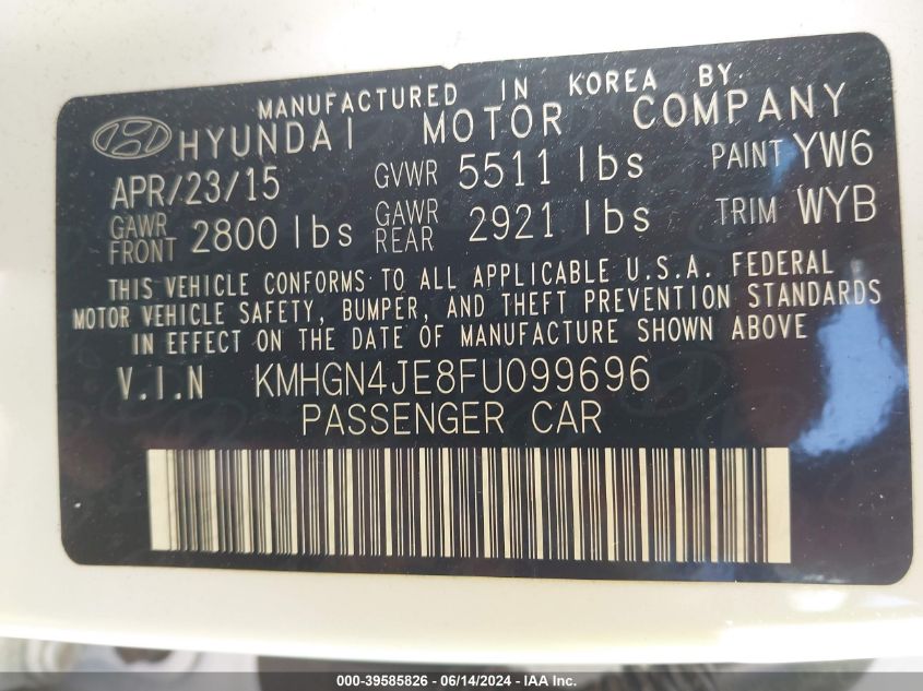 2015 HYUNDAI GENESIS 3.8L - KMHGN4JE8FU099696