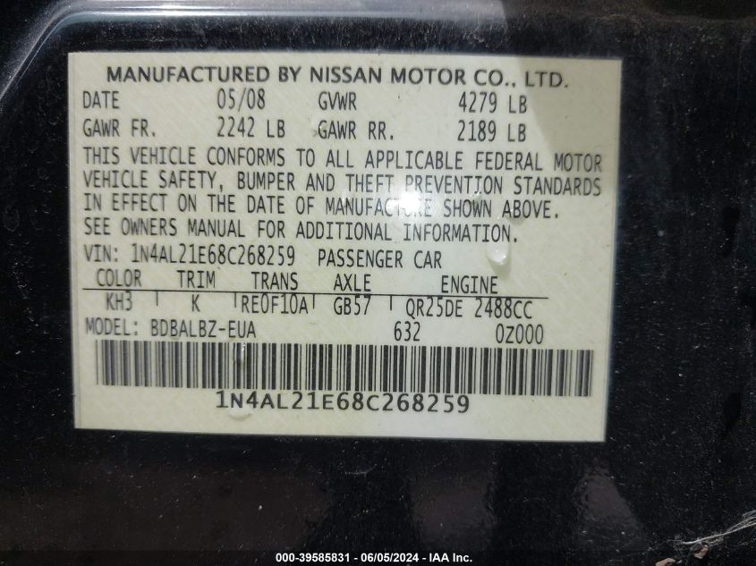 2008 Nissan Altima 2.5 S VIN: 1N4AL21E68C268259 Lot: 39585831