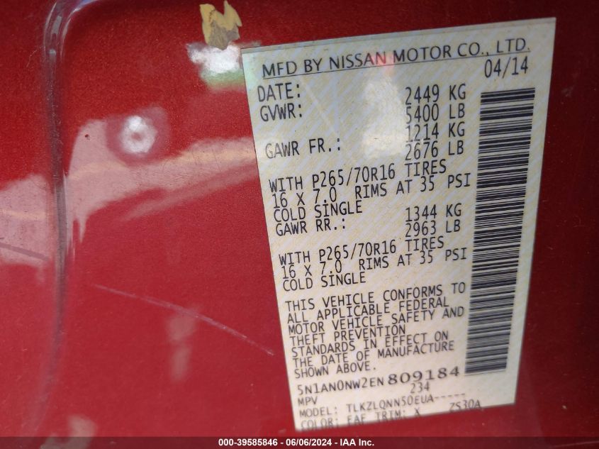 2014 Nissan Xterra Pro-4X/S/X VIN: 5N1AN0NW2EN809184 Lot: 39585846