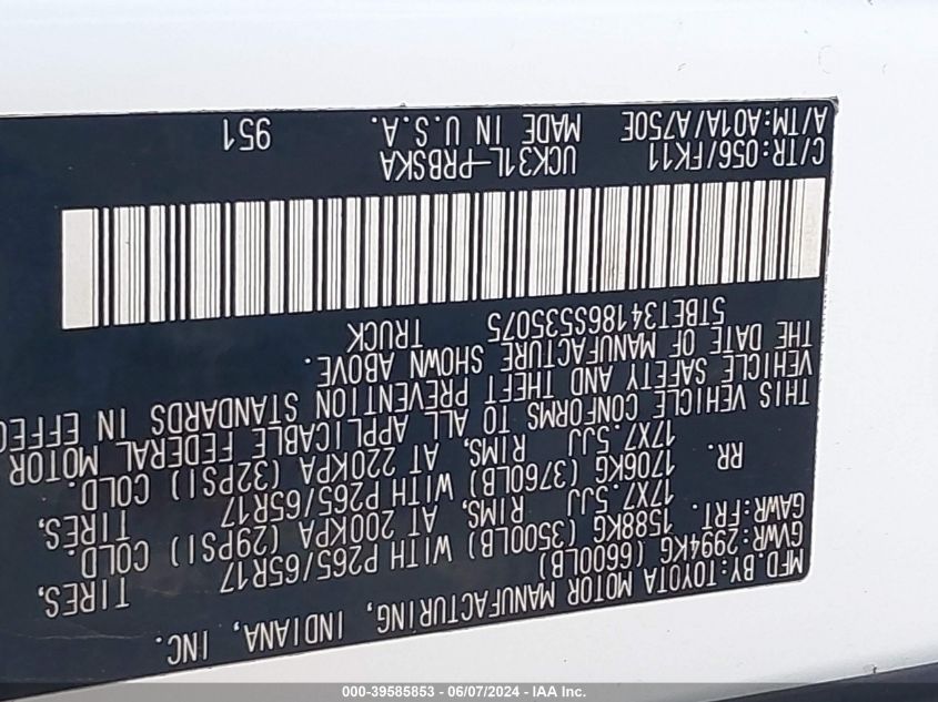 2006 Toyota Tundra Sr5 V8 VIN: 5TBET34186S535075 Lot: 39585853