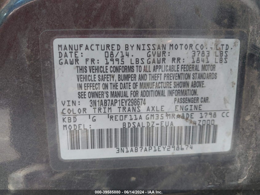 2014 Nissan Sentra Sv VIN: 3N1AB7AP1EY298674 Lot: 39585880