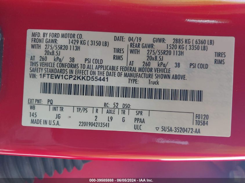 2019 Ford F-150 Xl VIN: 1FTEW1CP2KKD55441 Lot: 39585888