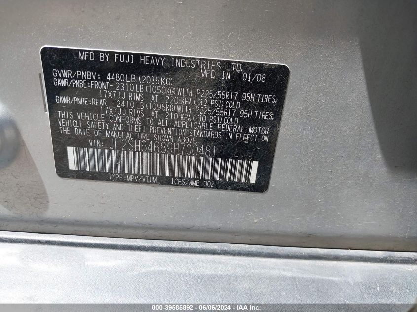 2009 Subaru Forester 2.5X Limited VIN: JF2SH64689H700481 Lot: 39585892