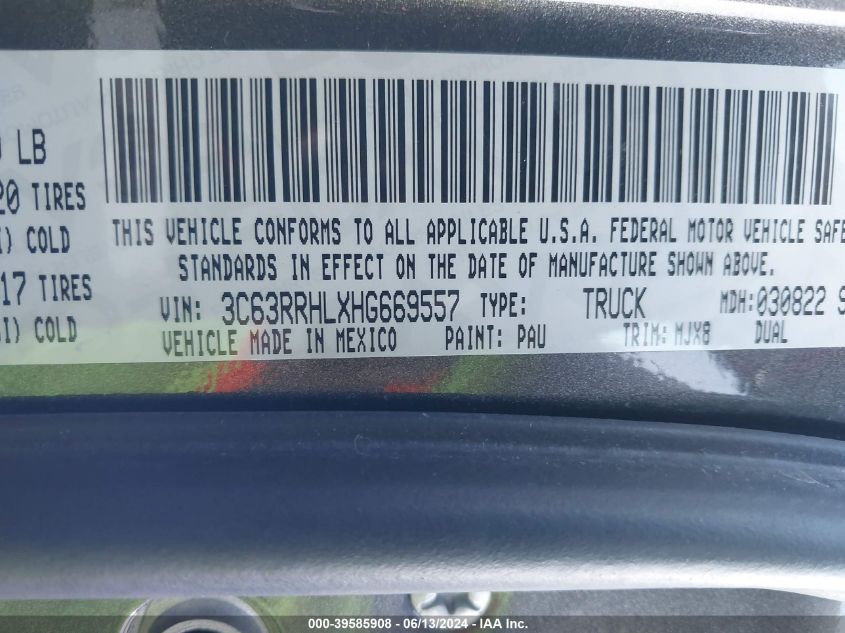 2017 Ram 3500 VIN: 003C63RRHLXHG6695 Lot: 39585908