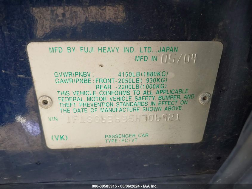 2005 Subaru Forester 2.5X VIN: JF1SG636358706921 Lot: 39585915