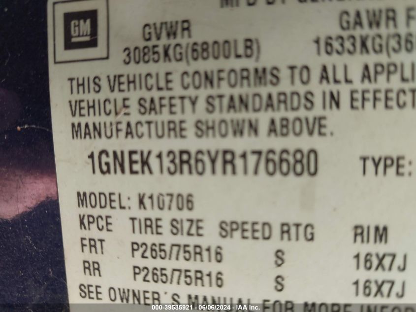 2000 Chevrolet Tahoe Z71 VIN: 1GNEK13R6YR176680 Lot: 39585921