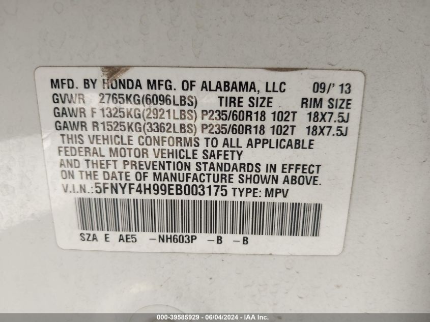 2014 Honda Pilot Touring VIN: 5FNYF4H99EB003175 Lot: 39585929