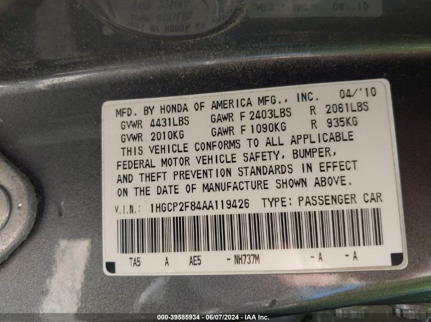 2010 Honda Accord 2.4 Ex-L VIN: 1HGCP2F84AA119426 Lot: 39585934