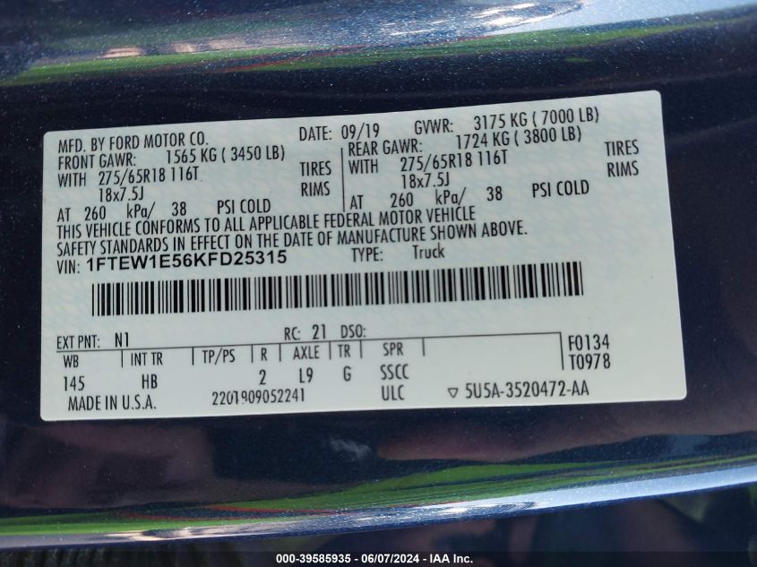 2019 Ford F-150 Lariat VIN: 1FTEW1E56KFD25315 Lot: 39585935