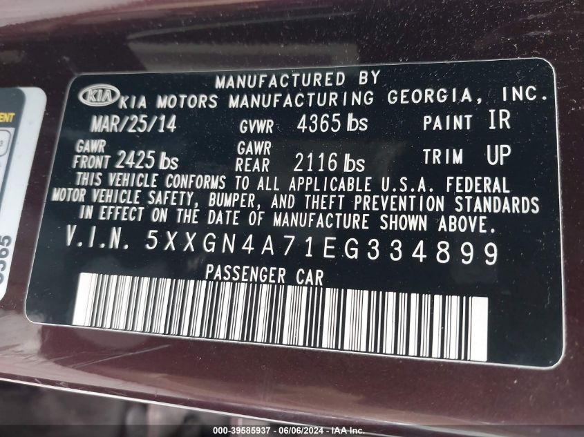 2014 Kia Optima Ex VIN: 5XXGN4A71EG334899 Lot: 39585937