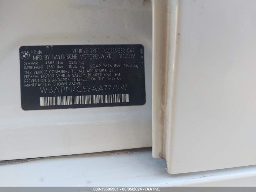 2010 BMW 335 D VIN: WBAPN7C52AA777997 Lot: 39585961