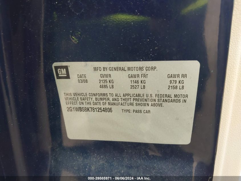 2008 Chevrolet Impala Ls VIN: 2G1WB58K781254806 Lot: 39585971