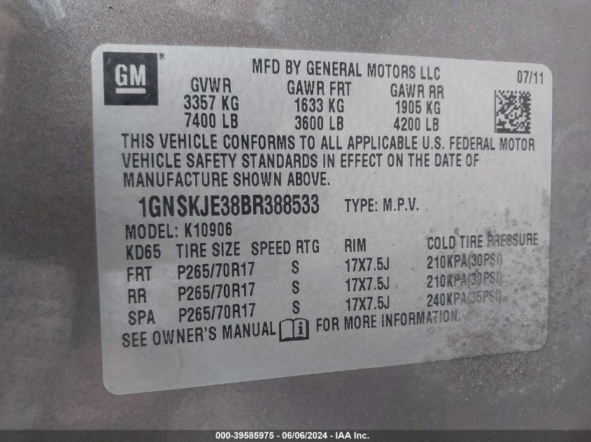 2011 Chevrolet Suburban K1500 Lt VIN: 1GNSKJE38BR388533 Lot: 39585975