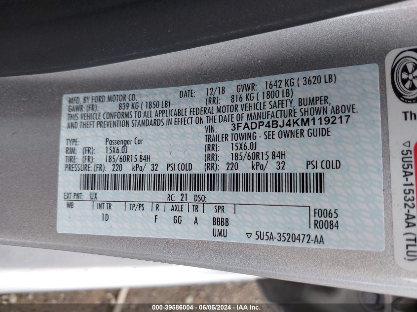 2019 Ford Fiesta Se VIN: 3FADP4BJ4KM119217 Lot: 39586004