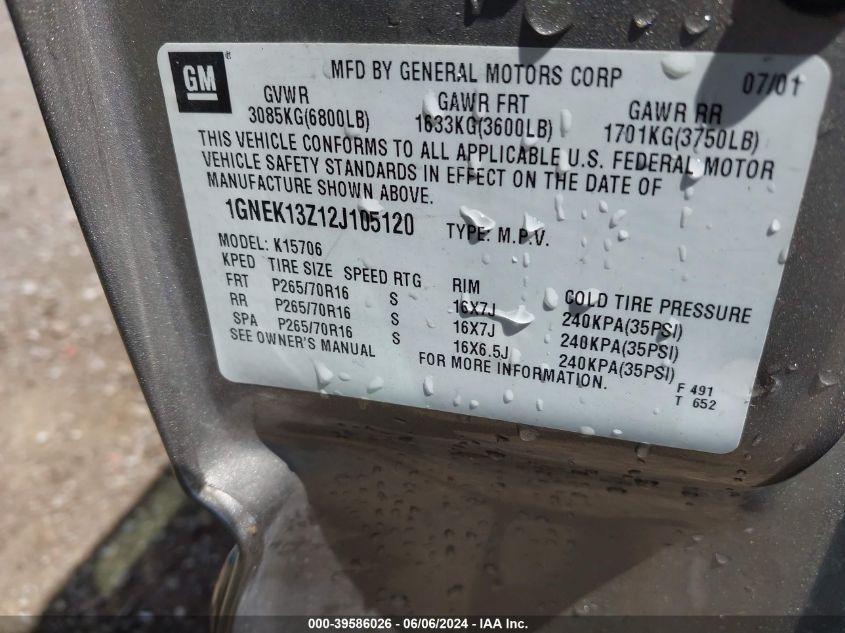 2002 Chevrolet Tahoe Lt VIN: 1GNEK13Z12J105120 Lot: 39586026