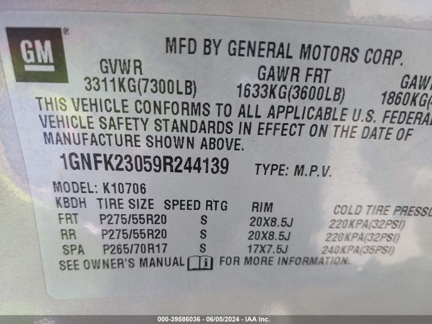 2009 Chevrolet Tahoe Lt2 VIN: 1GNFK23059R244139 Lot: 39586036