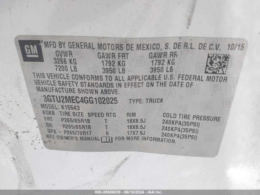 2016 GMC Sierra 1500 Sle VIN: 3GTU2MEC4GG102025 Lot: 39586039