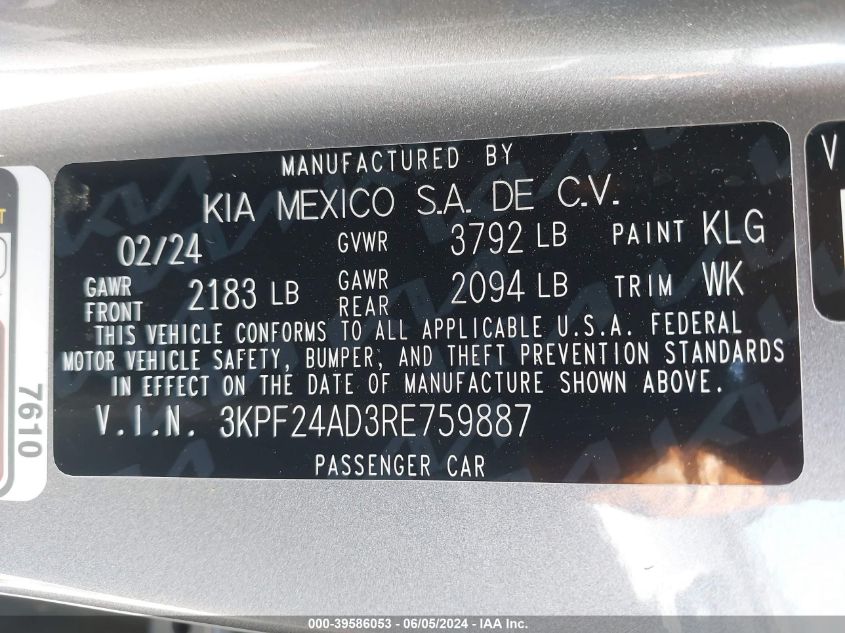2024 Kia Forte Lxs VIN: 3KPF24AD3RE759887 Lot: 39586053