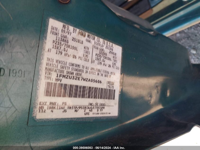 1998 Ford Explorer VIN: 1FMZU32E7WZA05606 Lot: 39586083