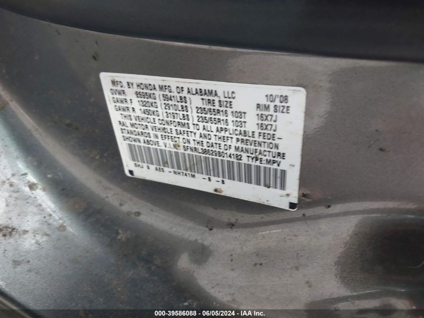 2009 Honda Odyssey Ex-L VIN: 5FNRL38629B014182 Lot: 39586088