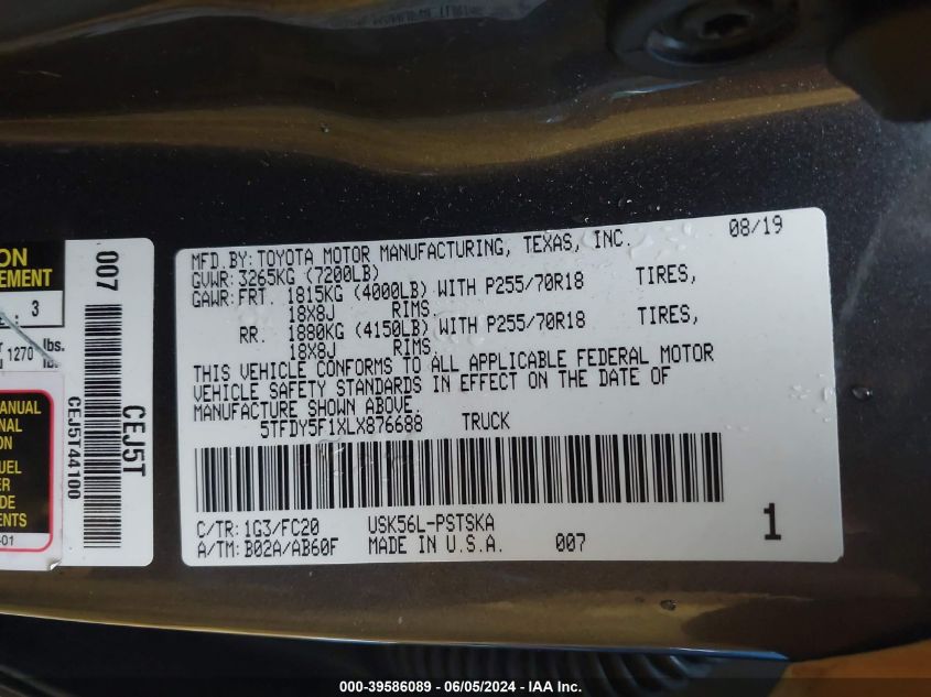 2020 Toyota Tundra Sr5 VIN: 5TFDY5F1XLX876688 Lot: 39586089