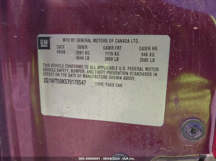 2007 Chevrolet Impala Lt VIN: 2G1WT58K579178547 Lot: 39586091