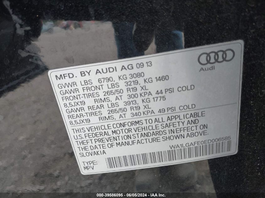 2014 Audi Q7 3.0T Premium VIN: WA1LGAFE0ED006585 Lot: 39586095