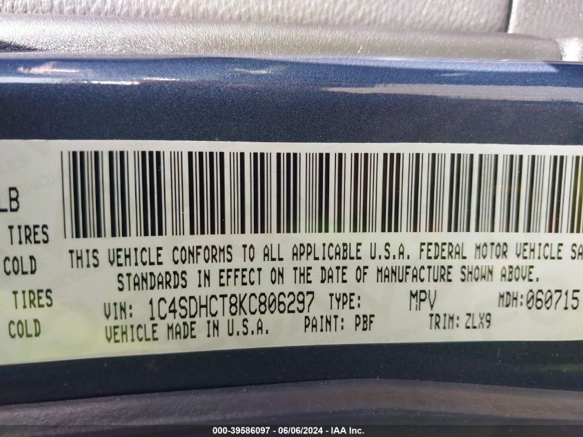 2019 Dodge Durango R/T Rwd VIN: 1C4SDHCT8KC806297 Lot: 39586097