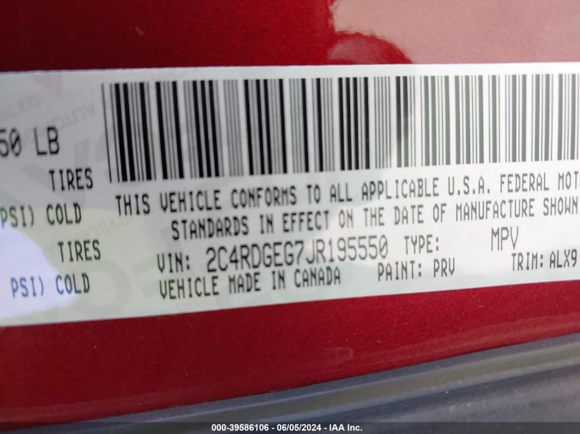 2018 Dodge Grand Caravan Gt VIN: 2C4RDGEG7JR195550 Lot: 39586106