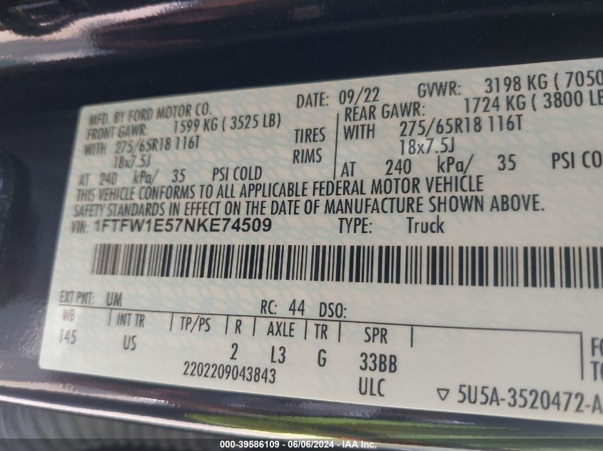 2022 Ford F-150 Xlt VIN: 1FTFW1E57NKE74509 Lot: 39586109