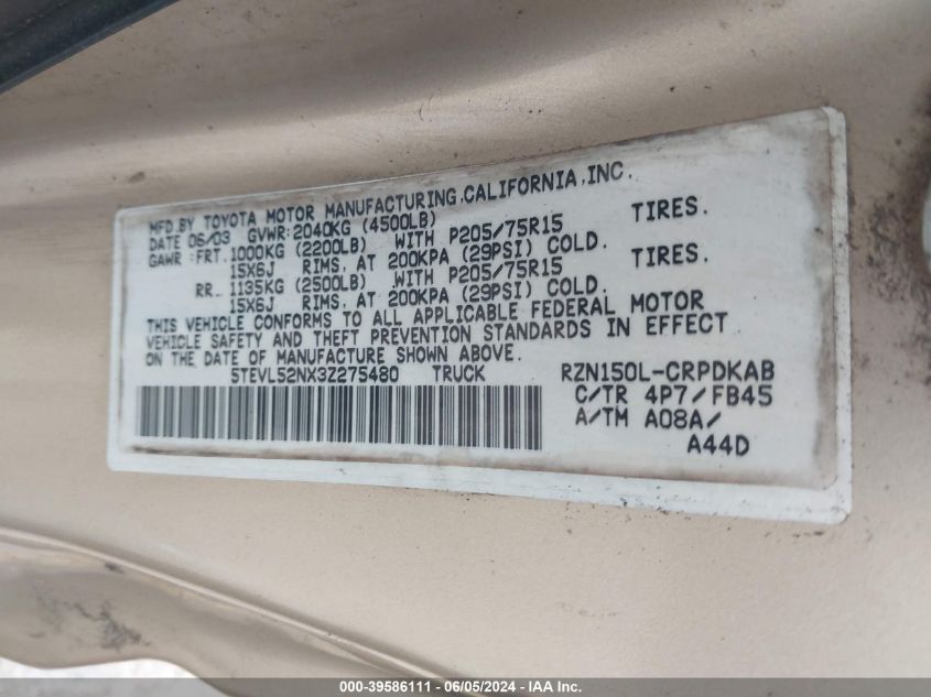2003 Toyota Tacoma VIN: 5TEVL52NX3Z275480 Lot: 39586111