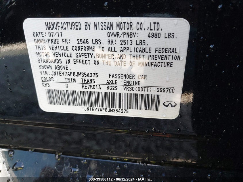 VIN JN1EV7AP8JM354275 2018 INFINITI Q50 3.0T SPORT