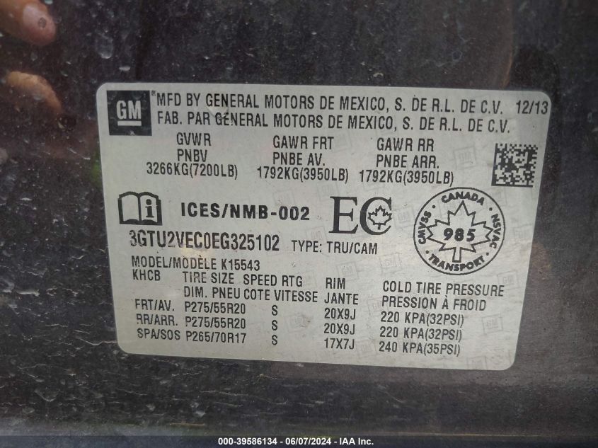 2014 GMC Sierra 1500 Slt VIN: 3GTU2VEC0EG325102 Lot: 39586134