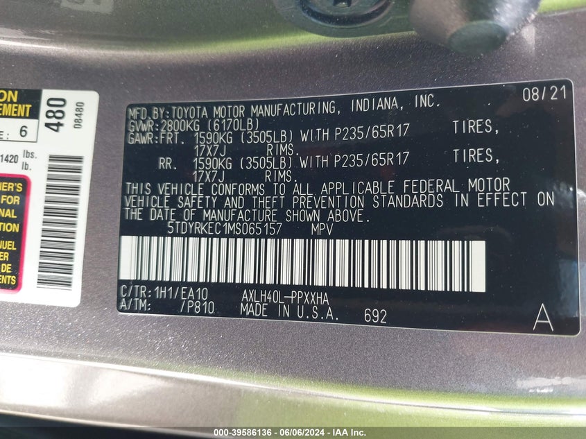 2021 TOYOTA SIENNA 2.5L I-4 DI, DOHC, V(VIN: 5TDYRKEC1MS065157