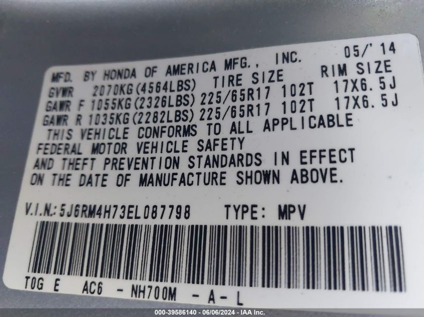2014 Honda Cr-V Exl VIN: 5J6RM4H73EL087798 Lot: 39586140