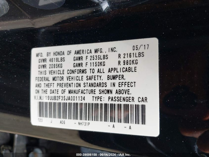 2018 Acura Tlx VIN: 19UUB2F35JA001134 Lot: 39586158