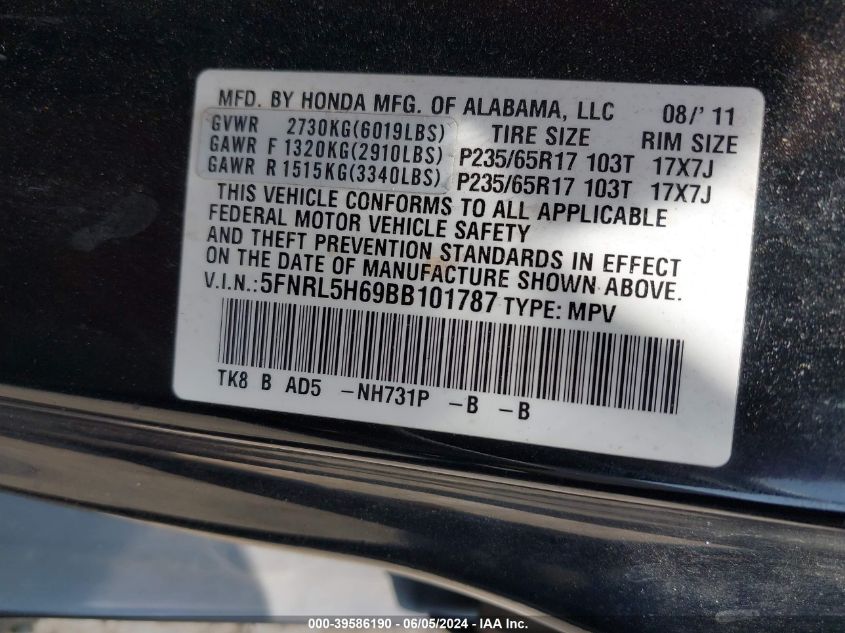 2011 Honda Odyssey Ex-L VIN: 5FNRL5H69BB101787 Lot: 39586190