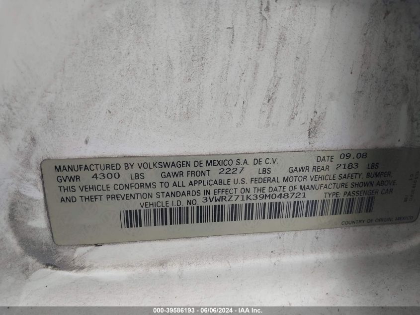 2009 Volkswagen Jetta Se/Sel VIN: 3VWRZ71K39M048721 Lot: 39586193