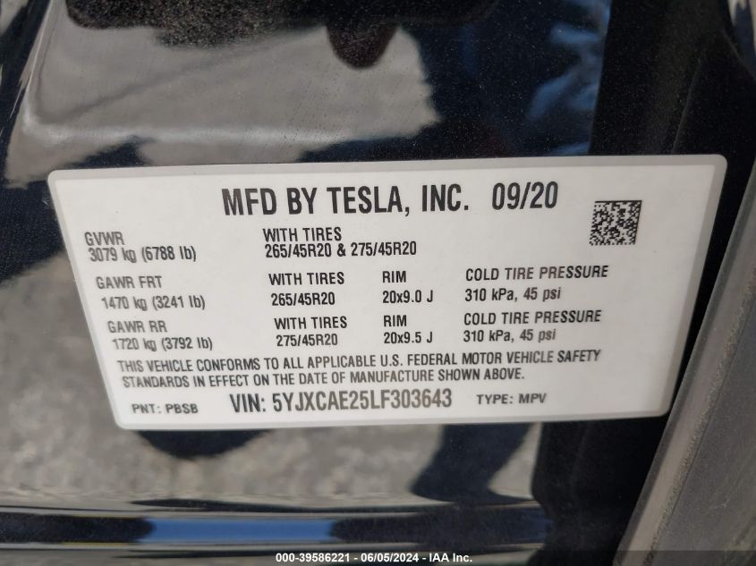 2020 Tesla Model X Long Range Dual Motor All-Wheel Drive/Long Range Plus Dual Motor All-Wheel Drive VIN: 5YJXCAE25LF303643 Lot: 39586221