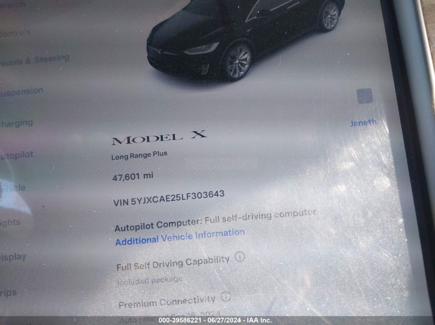 2020 Tesla Model X Long Range Dual Motor All-Wheel Drive/Long Range Plus Dual Motor All-Wheel Drive VIN: 5YJXCAE25LF303643 Lot: 39586221