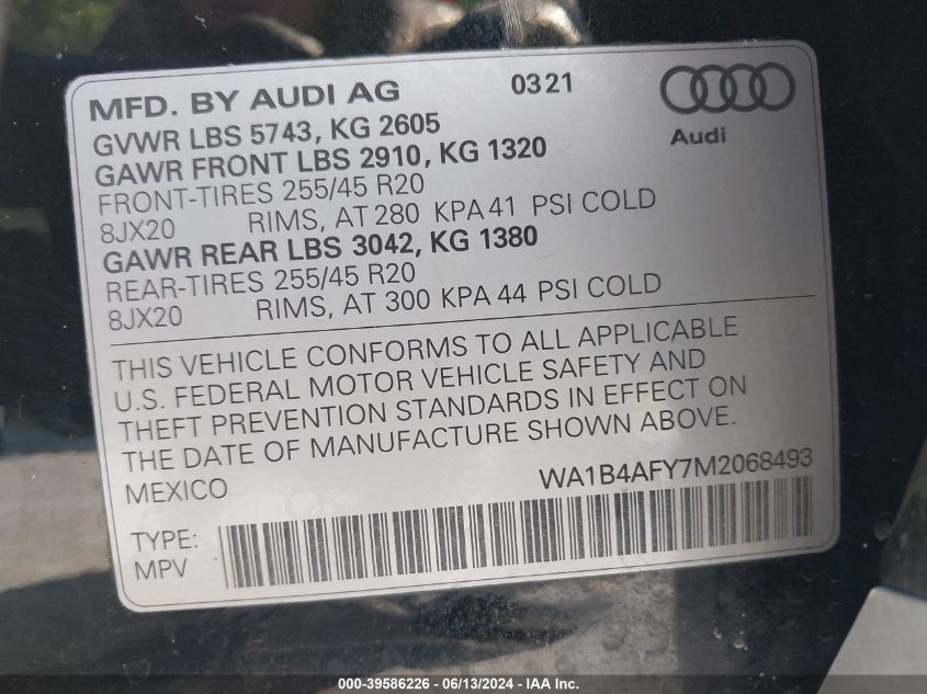 2021 Audi Sq5 Premium Plus Tfsi Quattro Tiptronic VIN: WA1B4AFY7M2068493 Lot: 39586226