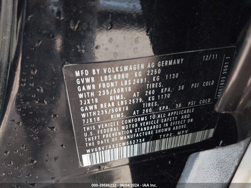 2012 Volkswagen Tiguan Se VIN: WVGBV7AX3CW552734 Lot: 39586232