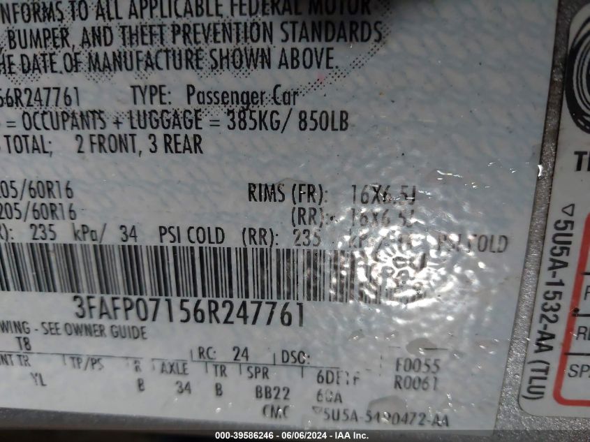 2006 Ford Fusion Se VIN: 3FAFP07156R247761 Lot: 39586246