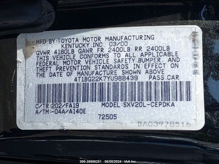 2000 Toyota Camry Ce VIN: 4T1BG22K7YU988439 Lot: 39586251