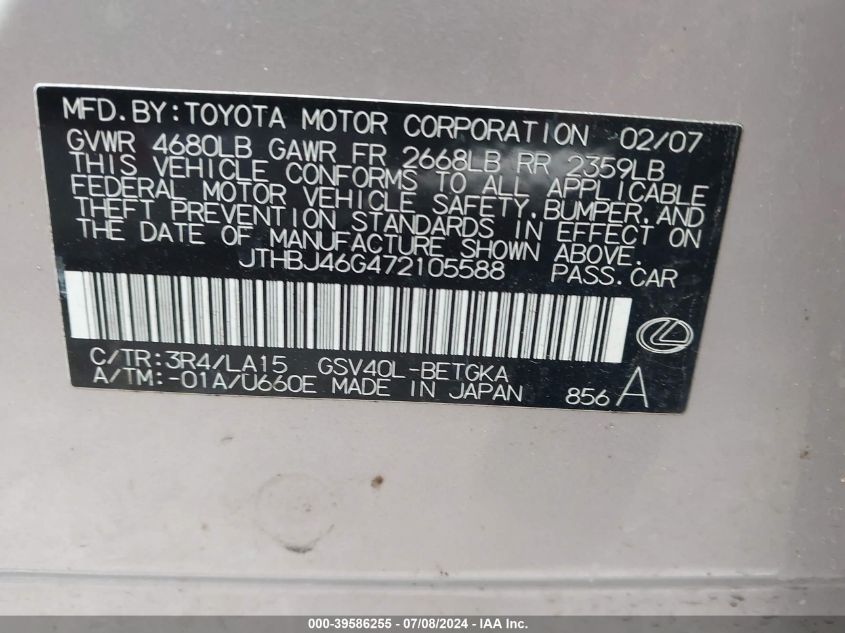 2007 Lexus Es 350 VIN: JTHBJ46G472105588 Lot: 39586255