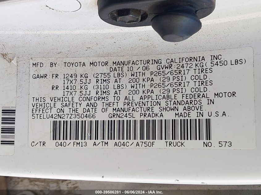 2007 Toyota Tacoma Base V6 VIN: 5TELU42N27Z350466 Lot: 39586281