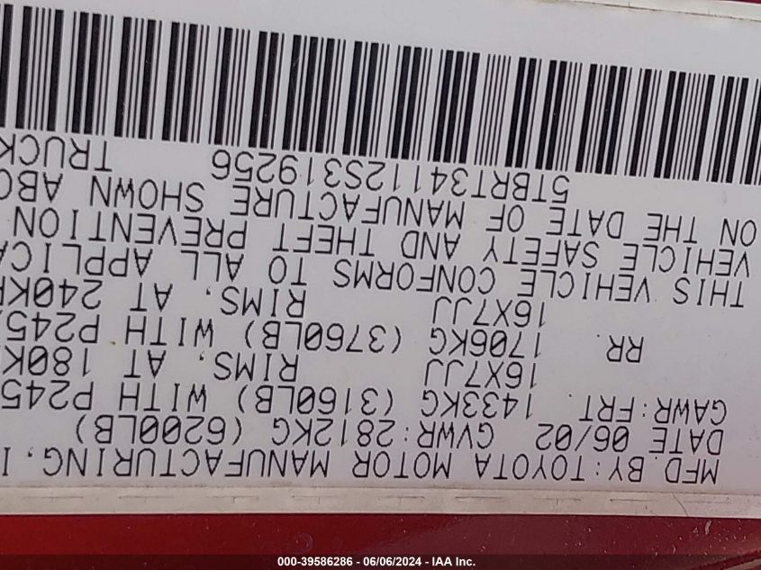 2002 Toyota Tundra Sr5 V8 VIN: 5TBRT34112S319256 Lot: 39586286