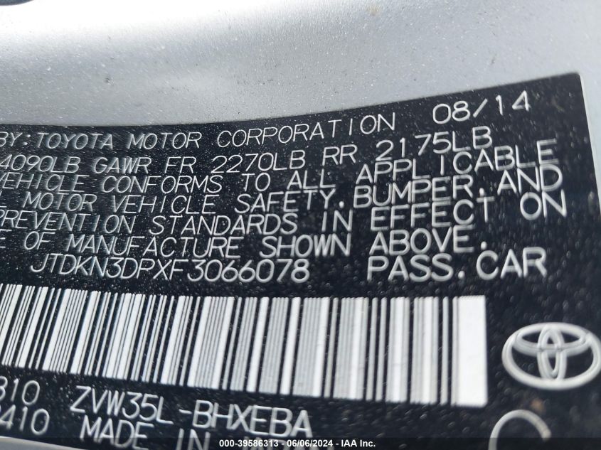 2015 Toyota Prius Plug-In Base (Cvt) VIN: JTDKN3DPXF3066078 Lot: 39586313