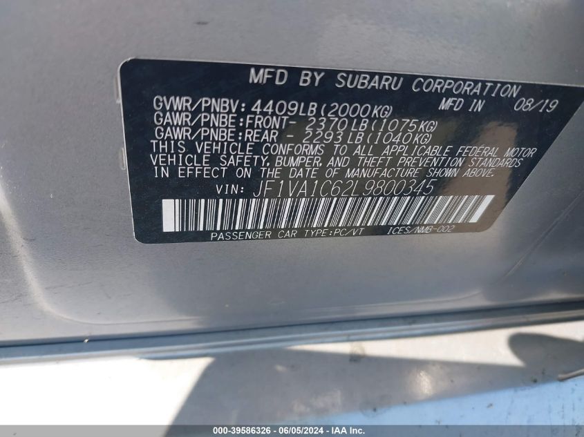 2020 Subaru Wrx Premium VIN: JF1VA1C62L9800345 Lot: 39586326