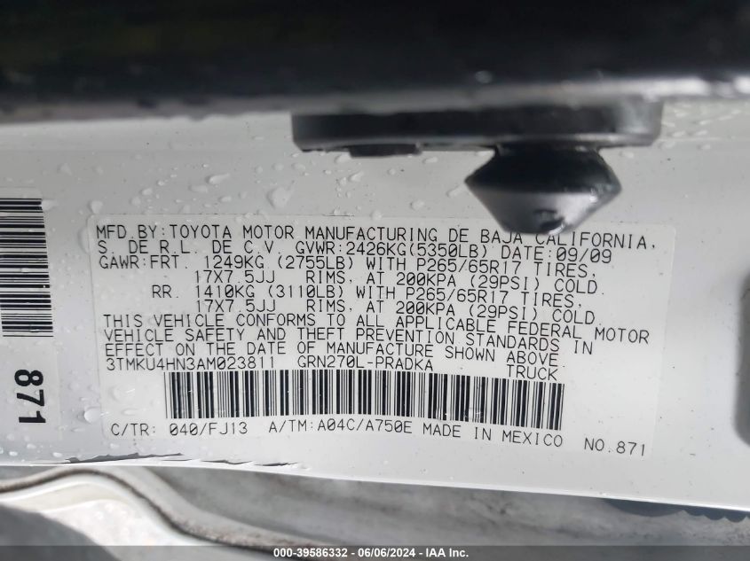 2010 Toyota Tacoma Prerunner V6 VIN: 3TMKU4HN3AM023811 Lot: 39586332